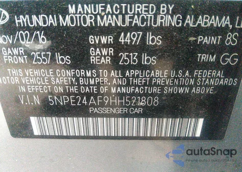 2017 Hyundai Sonata Se из США, поврежденный, VIN 5NPE24AF9HH521808